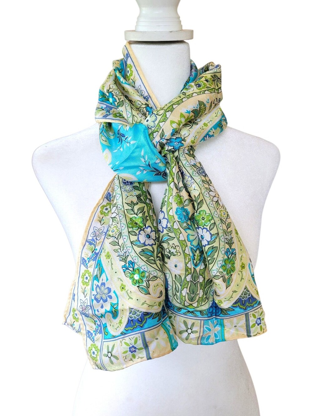 Talbots 100% Sil Floral Paisley Scarf W Sequins Blue Green